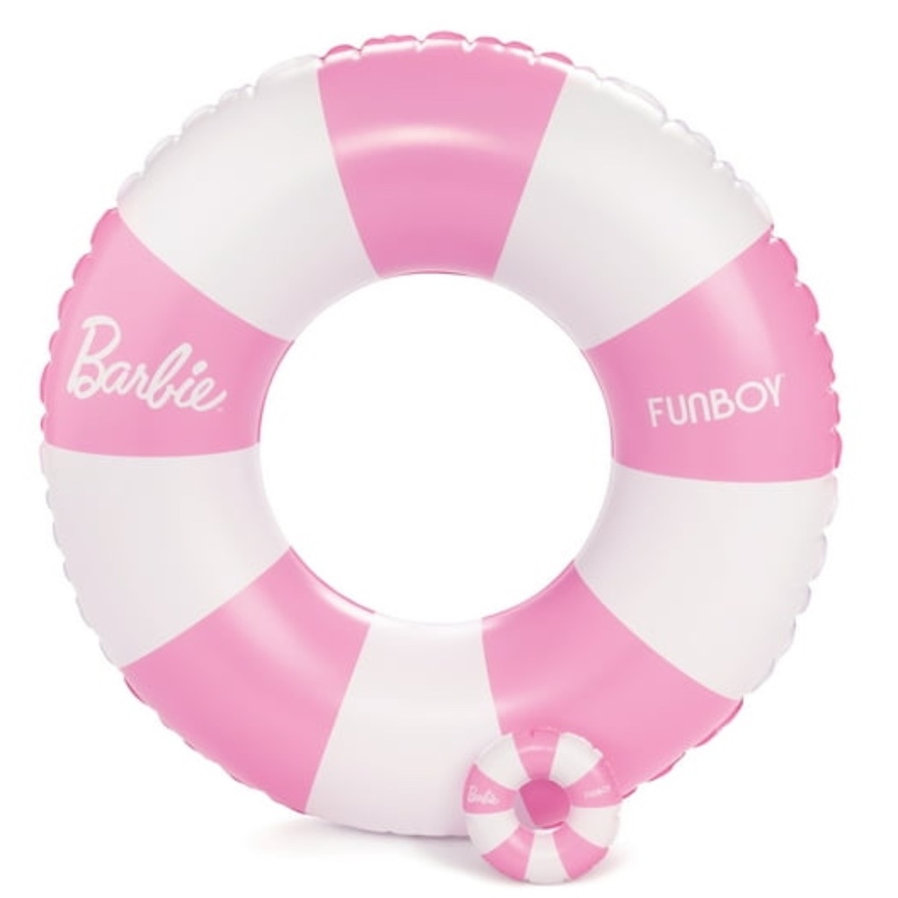 Barbie x Funboy Pink & White Striped Kids Pool Float + Matching Doll Tube Set
